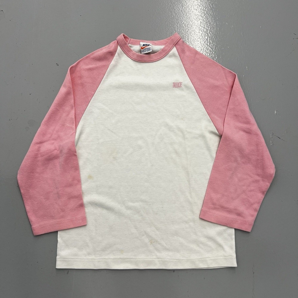 Vintage 70s Nike Tee Shirt Raglan 3/4 Sleeve Baseball USA Womens Size Large Pink